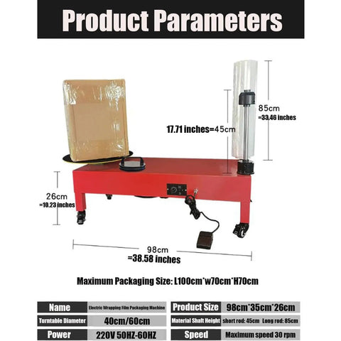 Heavy Duty Electric Pallet Wrapping Machine With Adjustable Turntable, dimensions visible with packaged box on base.