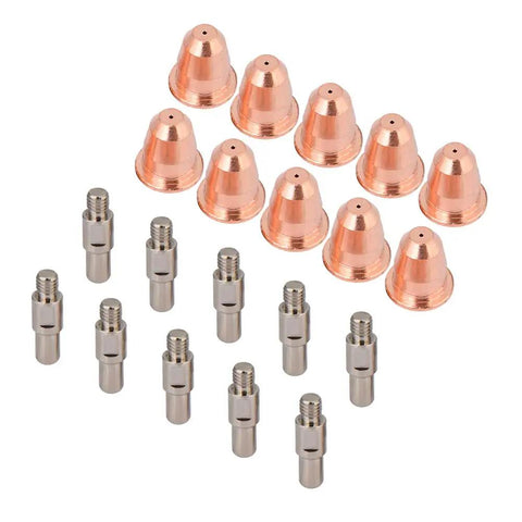 Top Grade Plasma Cutter Tips Set Featuring 10 Electrodes And Nozzles For S25 And S45 Machines, consisting of copper nozzles and stainless steel electrodes.