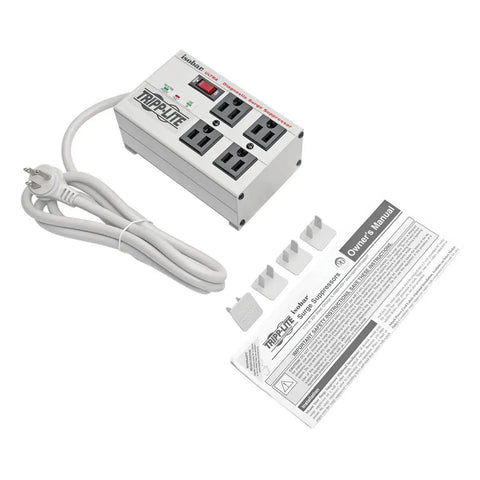 Beefy Four-Outlet Heavy Duty Power Strip With 3330 Joules Surge Protector, 6ft cord, manual, mounting brackets, flat plug visible