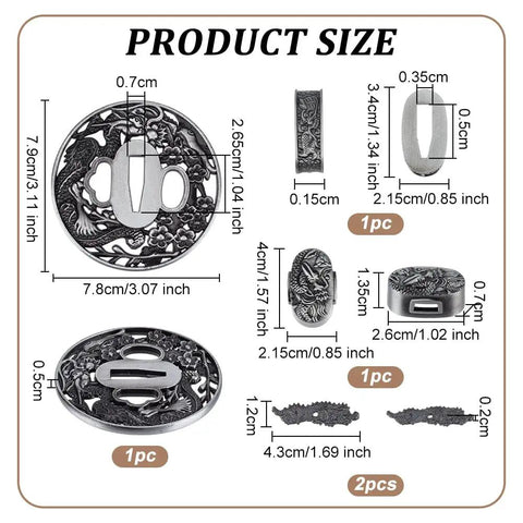 Dope Dragon Tsuba Set For Samurai Swords Antique Silver Handguard Kit sizes and dimensions in alloy
