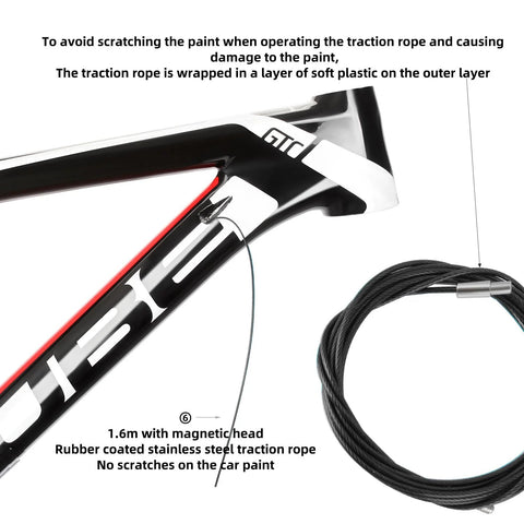 Side view of carbon-frame bicycle with internal cable routing tool kit; 1.6m magnetic-headed stainless steel rope and coil