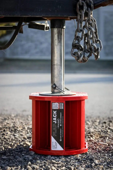 Heavy Duty RV Leveling Jack Block With Magnetic Quick Snap Assembly Folds Flat For Tight Storage Supports Six Thousand Pounds under landing gear.