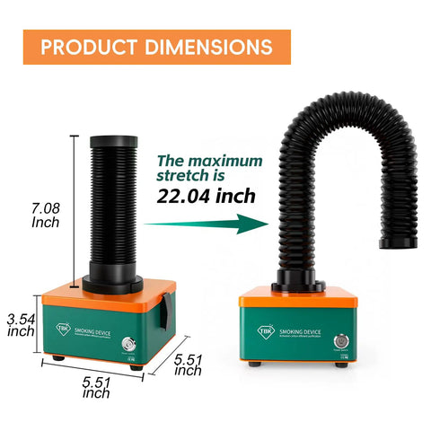 Green Mini Fume Extractor for soldering, dimensions and flexible hose showing max stretch for electronics workspaces 50W motor