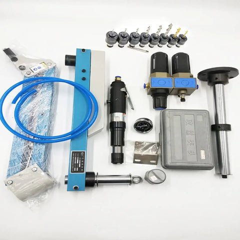Heavy Duty Pneumatic Tapping Machine M3 To M12 Air Powered Threader with tapped accessories and air supply components.