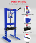 Badass 6 Ton Hydraulic Shop Press With Integrated Bottle Jack Adjustable Stamping Plates And Spacious Work Table side view showcasing sturdy steel frame and movable press plate.