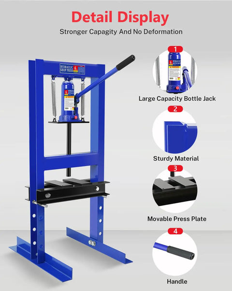 Badass 6 Ton Hydraulic Shop Press With Integrated Bottle Jack Adjustable Stamping Plates And Spacious Work Table side view showcasing sturdy steel frame and movable press plate.