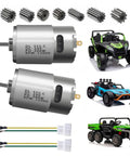 Pair Of 24V RS555 12000 RPM Electric Drive Motors For Ride On Toys Upgrade, shown with gears and toy cars, for ATVs UTVs.