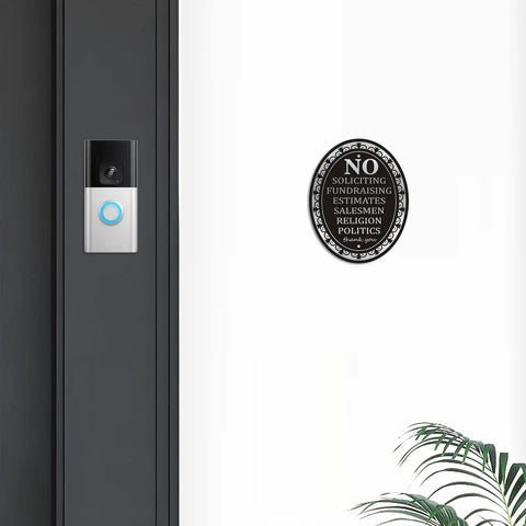 No Soliciting Sign Aluminum Six By Four Point Seven Inch Self Adhesive Metal Door Sign for Front Door Home and Business on Wall