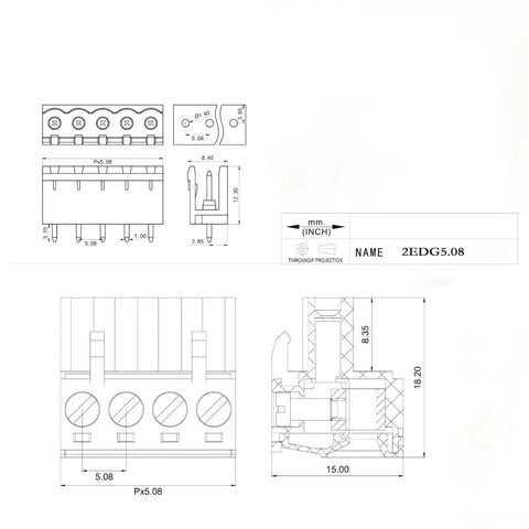 Technical diagram of 40 Piece 5.08mm Pitch PCB Terminal Block Set With 2 Pin 3 Pin 4 Pin And 5 Pin Plug In Screw Terminals 0.2 Inch Pitch