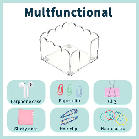 Two Pack Acrylic Sticky Note Holder Set With Scalloped And Straight Edge Design 3x3 Inch Clear Notepad Dispenser with accessories