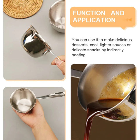 Slick Melting Pot With Pour Spout For Hot Coffee Chocolate And Soups Fire Kitchen Warmer Bowl held by hand, pouring liquid.