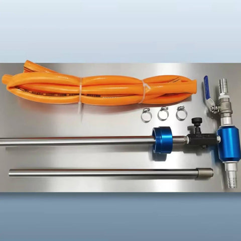 Adjustable Coolant Mixer For Cutting Fluid Dispensing, metal assembly, flexible orange hoses, precise control valve for CNC workstations.