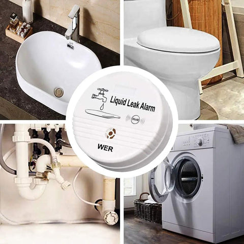 Two-Pack Battery Operated Water Leak Alarm Sensor with 90dB Alarm displayed near sink, toilet, pipes, and laundry machine