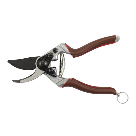 Elite Pruning Shears 8.3 Inch Swiss Made Garden Clippers with leather wrapped handle and carbon steel right hand bypass blade.
