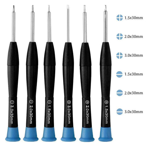All-In-One Eyeglasses Repair Kit With Over 1000 Screws, 6 precision screwdrivers in various sizes with blue handles