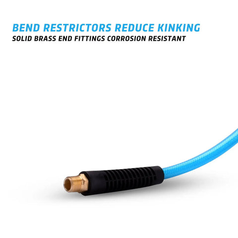 Quarter Inch Reinforced Polyurethane Air Hose With Brass MNPT End Fittings 25 Feet 300 PSI Heavy Duty Kink Resistant Bend Restrictors
