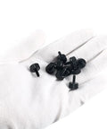 M3x8mm Knurled Thumb Screws In Matte Black Aluminum Alloy Full Threaded Pack Of 10 on a white gloved hand.