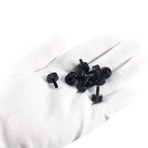 M3x8mm Knurled Thumb Screws In Matte Black Aluminum Alloy Full Threaded Pack Of 10 on a white gloved hand.