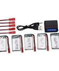 Five Pack 3.7V 800mAh 25C Rechargeable LiPo Batteries With JST Plug And All In One 4 In 1 Charging Board For MJX X300C X400W X600 X800 RC Quadcopter Drones High Capacity Power Up With Burst 50C shown with charger and cables.