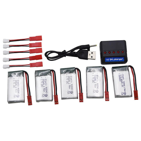 Five Pack 3.7V 800mAh 25C Rechargeable LiPo Batteries With JST Plug And All In One 4 In 1 Charging Board For MJX X300C X400W X600 X800 RC Quadcopter Drones High Capacity Power Up With Burst 50C shown with charger and cables.