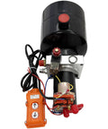 Dinenovate 12V Small Hydraulic Power Unit 800W Single Valve Pump Station With 6L Tank top view with control panel and valve.