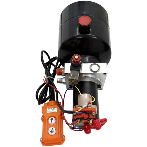 Dinenovate 12V Small Hydraulic Power Unit 800W Single Valve Pump Station With 6L Tank top view with control panel and valve.
