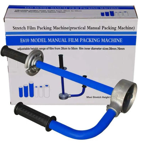 Heavy Duty Pallet Stretch Film Dispenser For Warehouse Packing Hand Wrap Tool With Adjustable 12 To 20 Inch Height No Fuss Setup Shrink Wrap Holder Compatible With 38mm 50mm And 76mm Film Cores Blue, blue steel handle shown with box