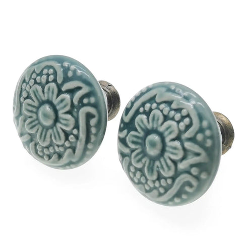 Pretty Dang Great Green Floral Ceramic Cabinet Knobs Set Of Six With Raised Blossom Embossing Super Sturdy Drawer Handles For Quick Furniture Refresh And Easy Bolt Setup
