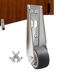 Heavy Duty Door Support Wheel And Anti Sag Low Profile Roller With Quick Install Tool Free Setup For A Tight Build Plus A Super Slick Bearing Glide That Keeps Every Single Door Rolling Silently Year Round, showcasing silver metal frame and black wheel.