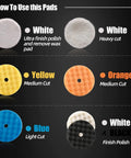 Color Coded Pro Grade Waffle Foam Buffing Pads And Wool Pad Kit, 5 Inch, Car Polisher Boat Polishing Waxing, Pad Use Guide