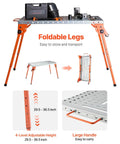 Solid Gear Foldable Welding Table 44 X 21 Inch Carbon Steel Workbench With Five Hundred Pound Load Capacity And Four Level Adjustable Height No Sweat Folding Design Rock Solid Assembly Station For Garage Build Crews, showing foldable legs and large handle.