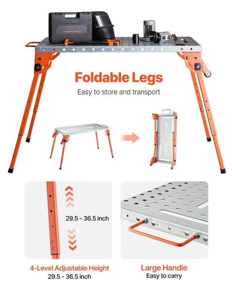Solid Gear Foldable Welding Table 44 X 21 Inch Carbon Steel Workbench With Five Hundred Pound Load Capacity And Four Level Adjustable Height No Sweat Folding Design Rock Solid Assembly Station For Garage Build Crews, showing foldable legs and large handle.