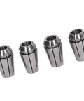 Top Tier 4-Piece Spring Steel Collet Chuck Kit For Boring And Milling Jobs With Insane Accuracy Under 0.0003 Inch Runout, showing four steel collets.