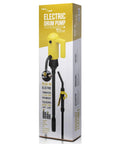 Trouble Free Trucker Tested 12 Volt Electric Fuel Drum Pump With Quick Squeeze Flow Control Nozzle And Heavy Duty Discharge Hose For Fast Gasoline Transfer Up To 4.2 Gpm On 15 To 55 Gallon Drums in yellow packaging.