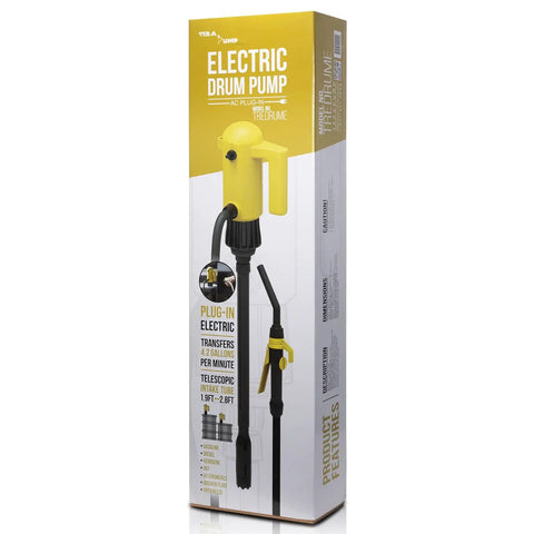 Trouble Free Trucker Tested 12 Volt Electric Fuel Drum Pump With Quick Squeeze Flow Control Nozzle And Heavy Duty Discharge Hose For Fast Gasoline Transfer Up To 4.2 Gpm On 15 To 55 Gallon Drums in yellow packaging.