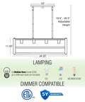 Dimensions and lighting details for 34 Inch Four Light Farmhouse Kitchen Island Pendant Light With Linear Rectangle Chandelier.