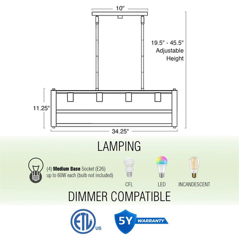 Dimensions and lighting details for 34 Inch Four Light Farmhouse Kitchen Island Pendant Light With Linear Rectangle Chandelier.