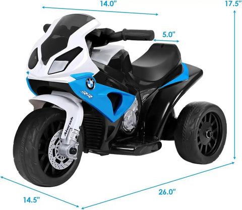 BMW Licensed 6V Ride On Motorcycle For Kids With Music, Foot Pedal Acceleration, Front Headlight, Leather Seat Cushion, 3 Wheel Battery Powered Tricycle Toy, Safe Metal Frame, Sapphire Color, 26" long