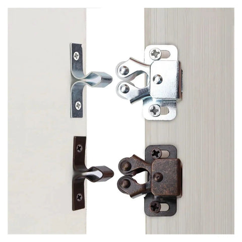 Double Roller Cabinet Latch For Doors And Drawers, Heavy Duty Locking Catch In Multicolor Finish, Easy Install, two latches on white surface