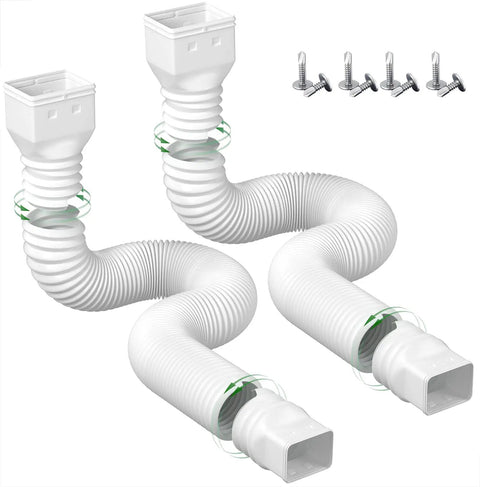 Two Pack Flexible Rain Gutter Downspout Extensions Extend From 21 To 68 Inches, Easy Install Drain Extender Kit With Screws Included, White Finish