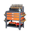 Premium Heavy Duty Steel Workbench Featuring Integrated Pegboard Organization And Slick Double Lockable Drawers Hella Spacious Tool Storage Cabinet with tools and drawers.