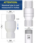 Front view of white PVC inline check valve for backflow prevention, 3/4 in nominal pipe size, 4 in length