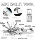 Image showing a labeled 13 In 1 Stainless Steel Multi Tool for camping with bottle opener, screwdriver bits, and hex driver.
