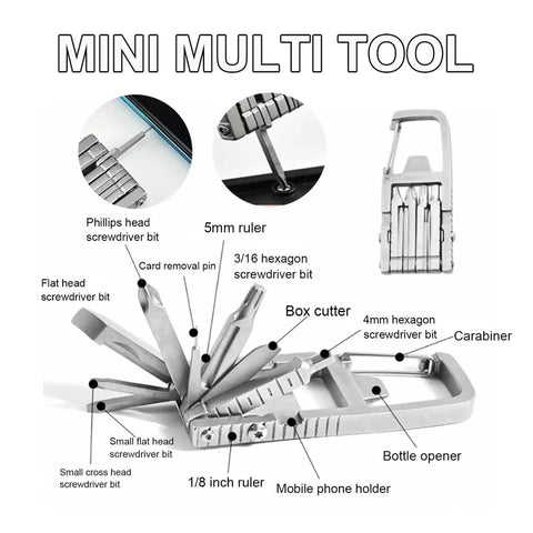 Image showing a labeled 13 In 1 Stainless Steel Multi Tool for camping with bottle opener, screwdriver bits, and hex driver.