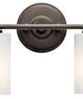 Fourteen-Inch Two Light Vanity Light With Satin Etched Cased Opal And Clear Glass Accent In Olde Bronze Finish Modern Geometric Suspended Cable Design Ideal For Bathroom Or Powder Room Above Mirror