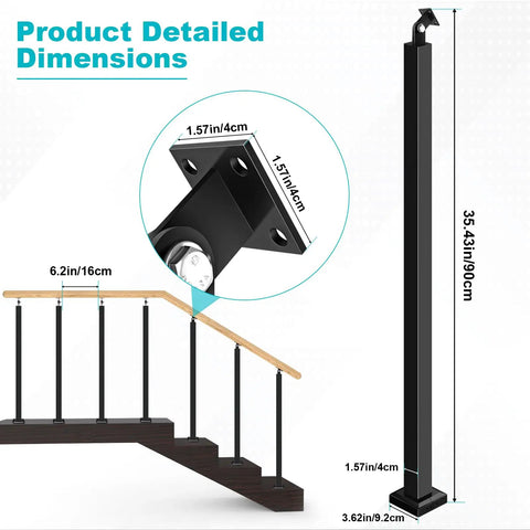 Heavy Duty Steel Stair Baluster Posts With Rust Resistant Black Finish And Quick Adjusting Brackets For Solid Porch Deck Rail Support dimensions and details