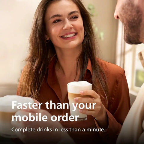 Lock In That Killer Morning Vibe With This Fully Automatic Espresso Machine Brewing Twelve Hot And Iced Favorites, a woman smiling holding a latte.