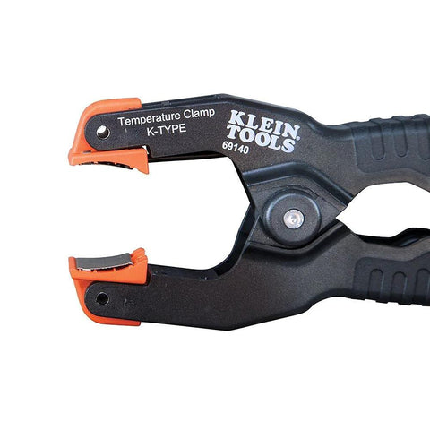 Klein Tools 69140 K-Type pipe temperature clamp, black body with orange jaws.