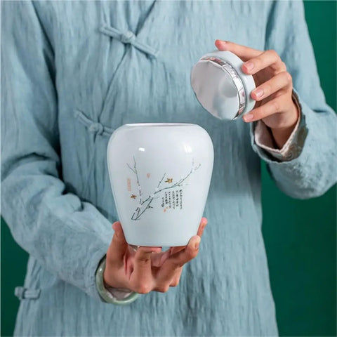 Vintage Ceramic Sealed Storage Jars Double Set For Storing Loose Tea Coffee Beans Spices Sugar And Herbs Fresh Big Time Your Pantry Deserves Straight Fire, white jar with secure lid and floral design.