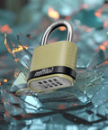 2 Pack Heavy Duty Outdoor Combination Padlocks Weatherproof Gates Fences Warehouses Storage Units Garages Black Durable Zinc Body With Hardened Shackle Extra Security on shattered glass background
